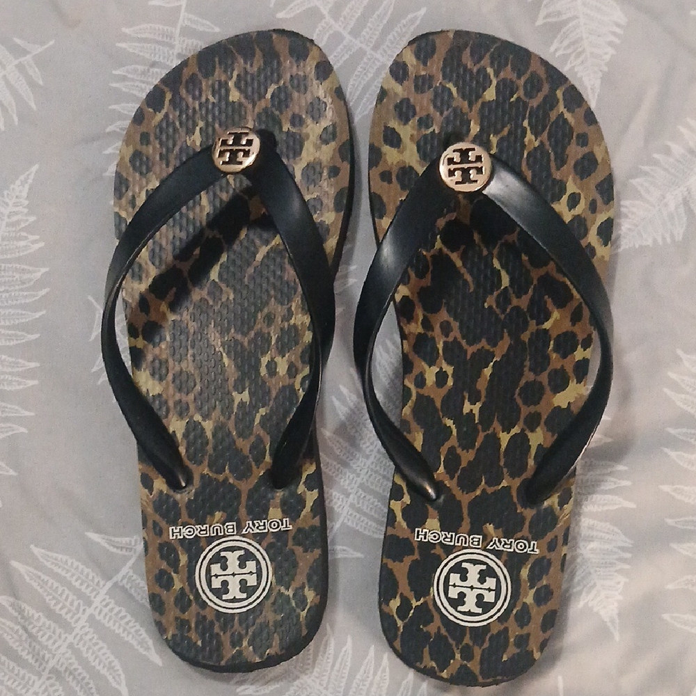 Tory Burch Black and Leopard Flip Flops